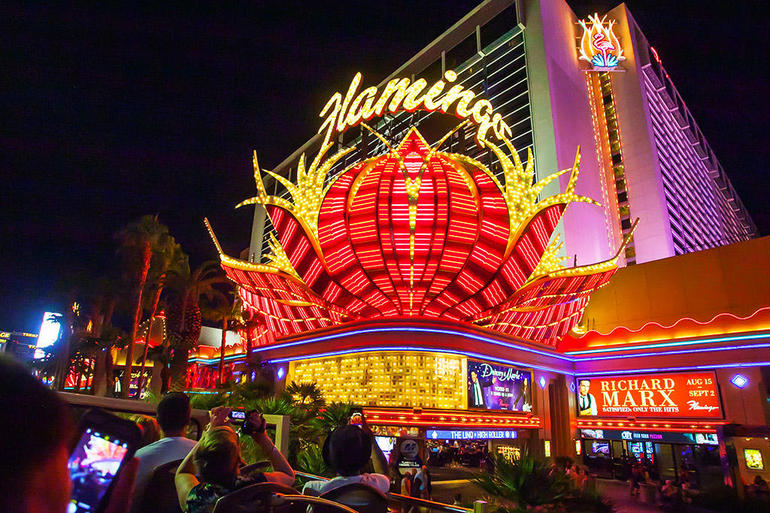 The Flamingo Casino seen on the Big Bus Hop-On Hop-Off optional night tour.