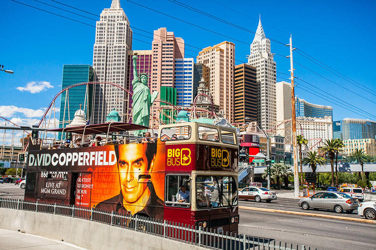 The Las Vegas Big Bus driving past the New York New York Casino.